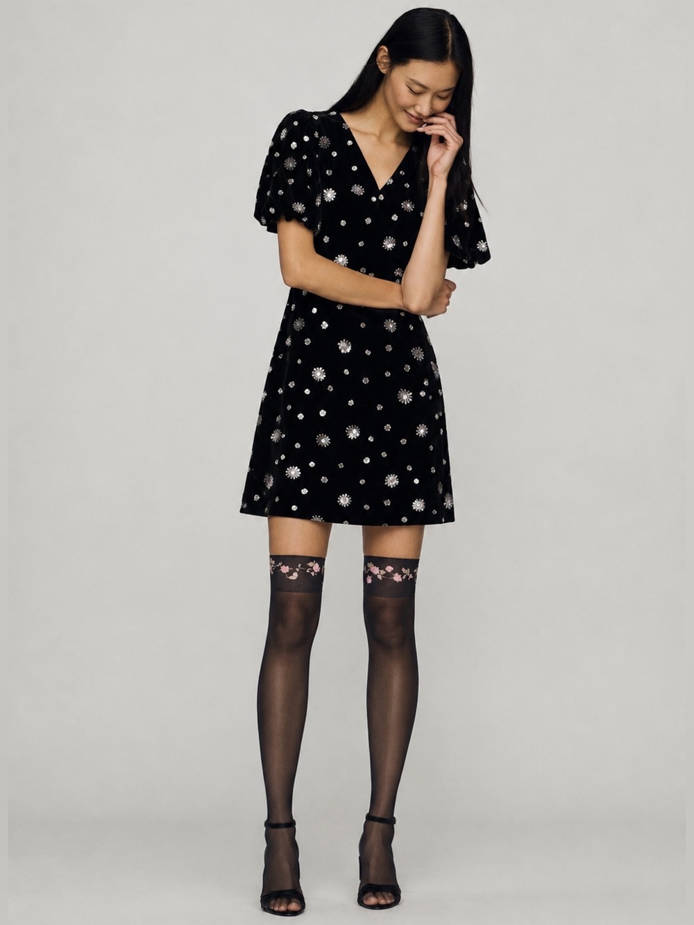 NWT Anthropologie Eliza J Sequined Puff-Sleeve A-Line Velvet Black Mini Dress